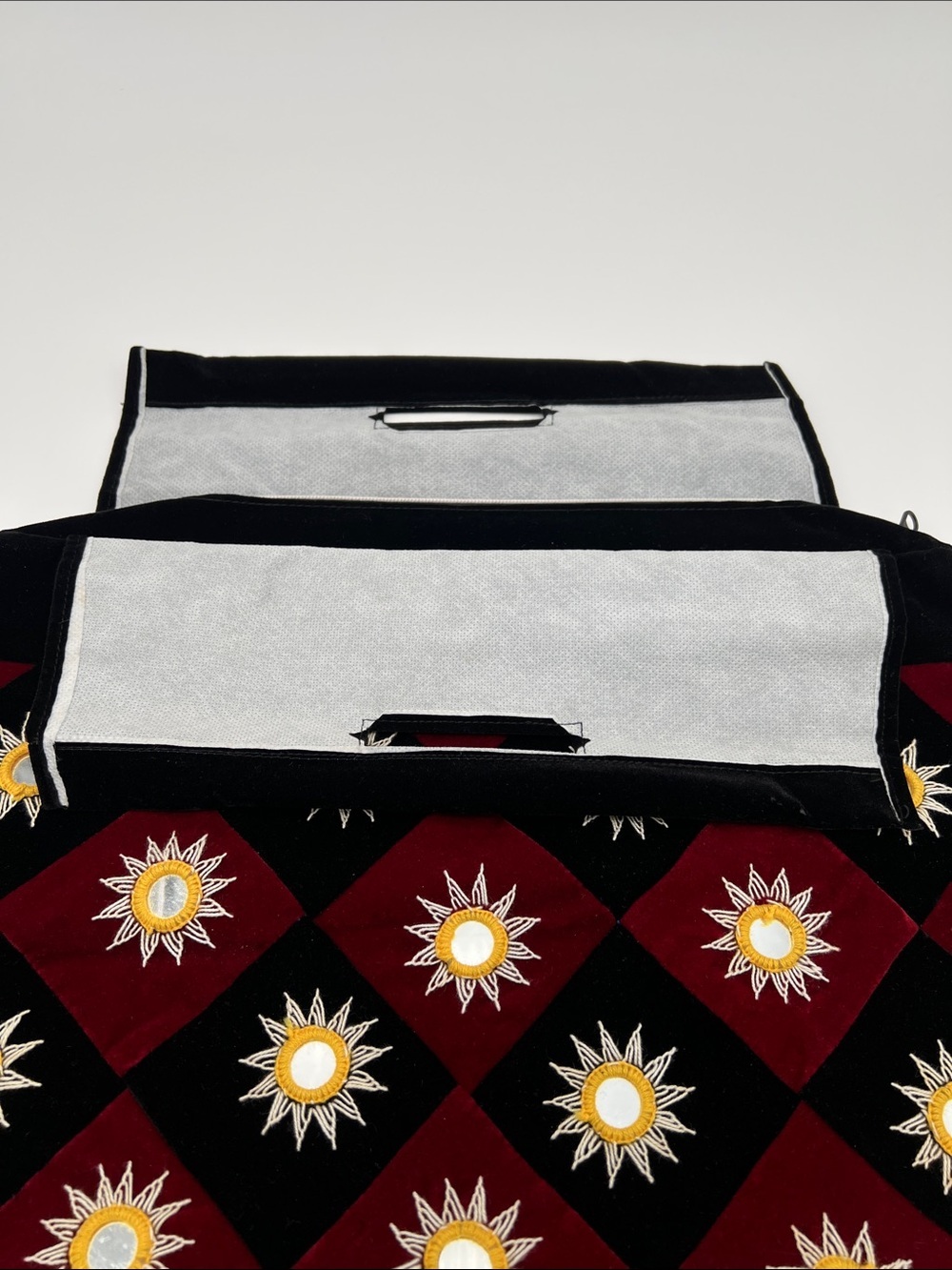 NWOT Handcrafted Velvet Multipurpose Black & Burgundy Handbag w/ Mirror Appliqué - Picture 7 of 10